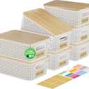 8 Pack Plastic Storage Bins with Bamboo Lids - Stackable Storage Baskets with Lids for Pantry Organizer and Storage, Small Plastic Stackable Storage Bins for Shelves, Office, Cabinet &Pantry, Nursery