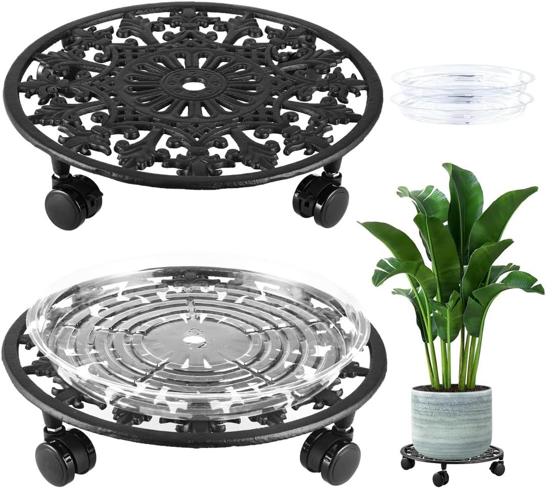 2 Pack Plant Caddy with Wheels, PlanterHoma 14 Inch Metal Plant Stand with Wheels Heavy Duty Wrought Iron Planter Dolly Rolling Stand Plant Roller with Casters for Indoor and Outdoor with 2 Pack Saucers