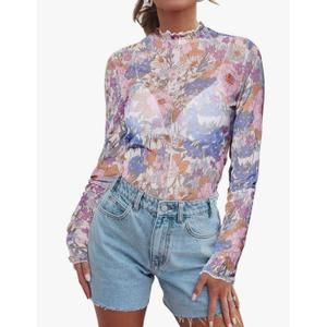 Women's Sheer Floral Long Sleeve Layering Top Ruffled Mock Neck Sheer Blouse for Casual Brunch Party Club Night Date Outfits, M