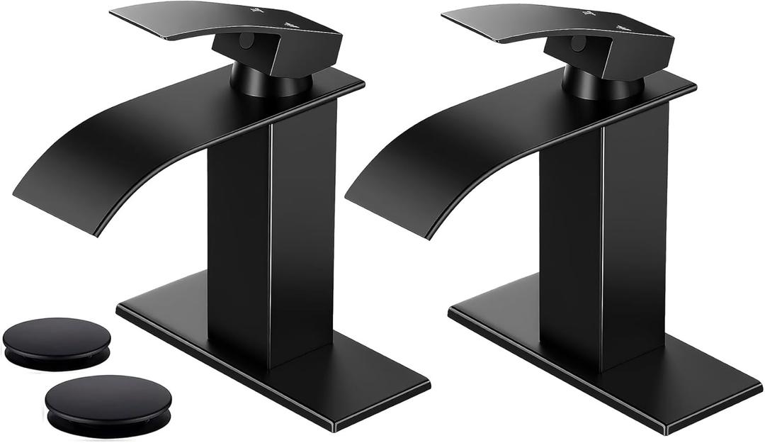 2 Pack Black Bathroom Faucets, Waterfall Bathroom Sink Faucet Modern Single Handle Bathroom Faucte 1 or 3 Hole, RV Mixer Tap Vanity Faucet - Includes Pop-up Drain Supply Hoses Deck Plate
