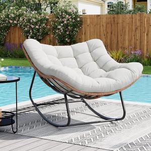 Garvee Outdoor Rocking Chair, Oversized Papasan Chair with Cushion | Metal & PE Rattan Frame, 400LBS Capacity, Ideal for Patio, Garden or Living Room, Gentle 30° Rocking Comfort
