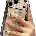 AuroiCYY for iPhone 17 Pro Max Case with Kickstand, 3D Butterfly Diamonds Shockproof Ring Holder Stand Cute Marble Glitter Bling Shiny Elegant Case Girls Women Phone Cover for iPhone 17 Pro Max, Gold