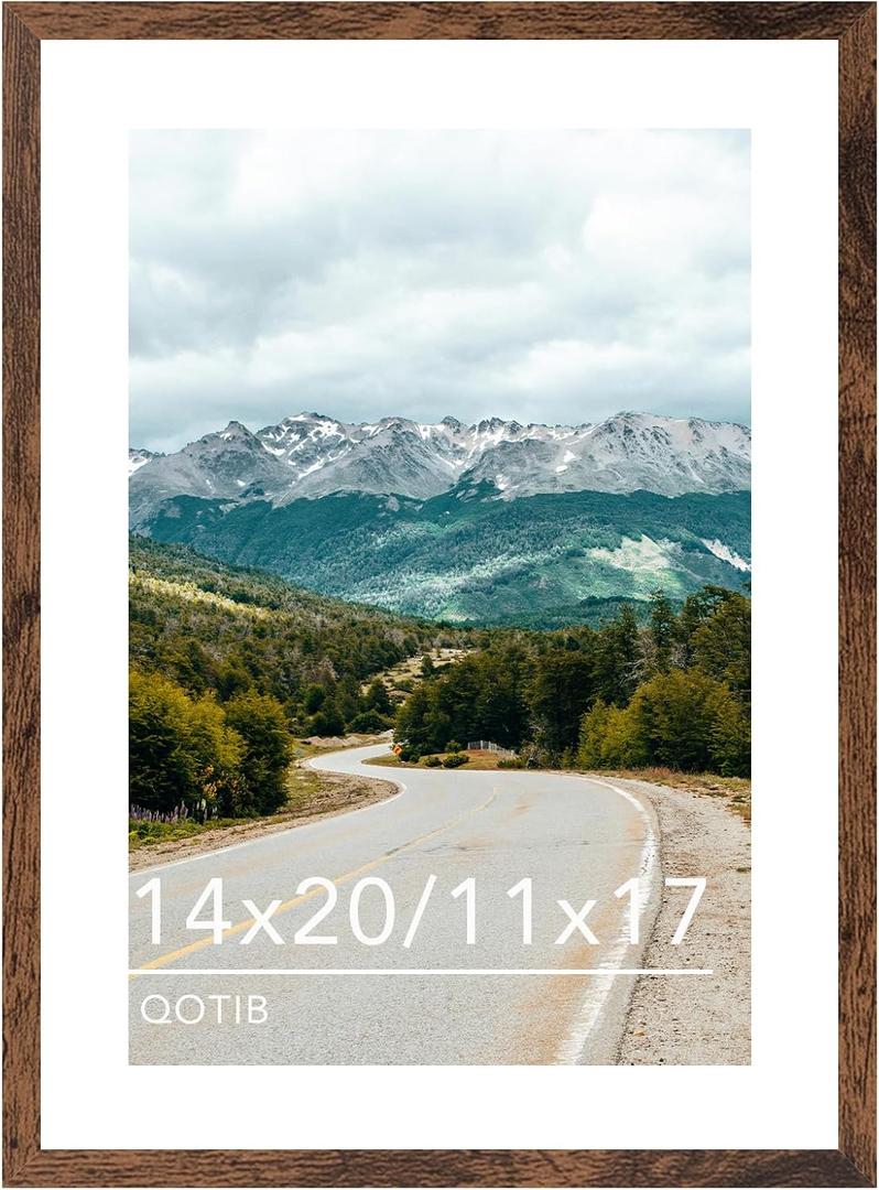 Wood 14x20 Picture Frame with 11x17 Mat Deep Brown, Display 11x17 with Mat or 14x20 Without Mat, Wood 14 by 20 Photo Frame, 14 x 20 Frame for Wall Hanging Display, Deep Brown