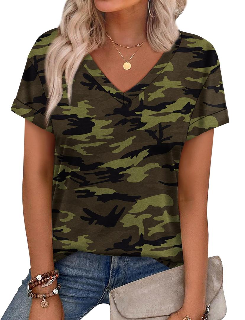 WEESO Floral Tops for Women Casual T Shirts Short Sleeve V Neck Outfits Baggy Shirts for Women, XL