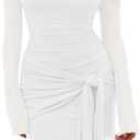 HOCILLE Women's Sexy Off Shoulder Bodycon Mini Dress Mesh Long Sleeve Wrap Tie Waist Ruched Party Dresses (Medium, White)