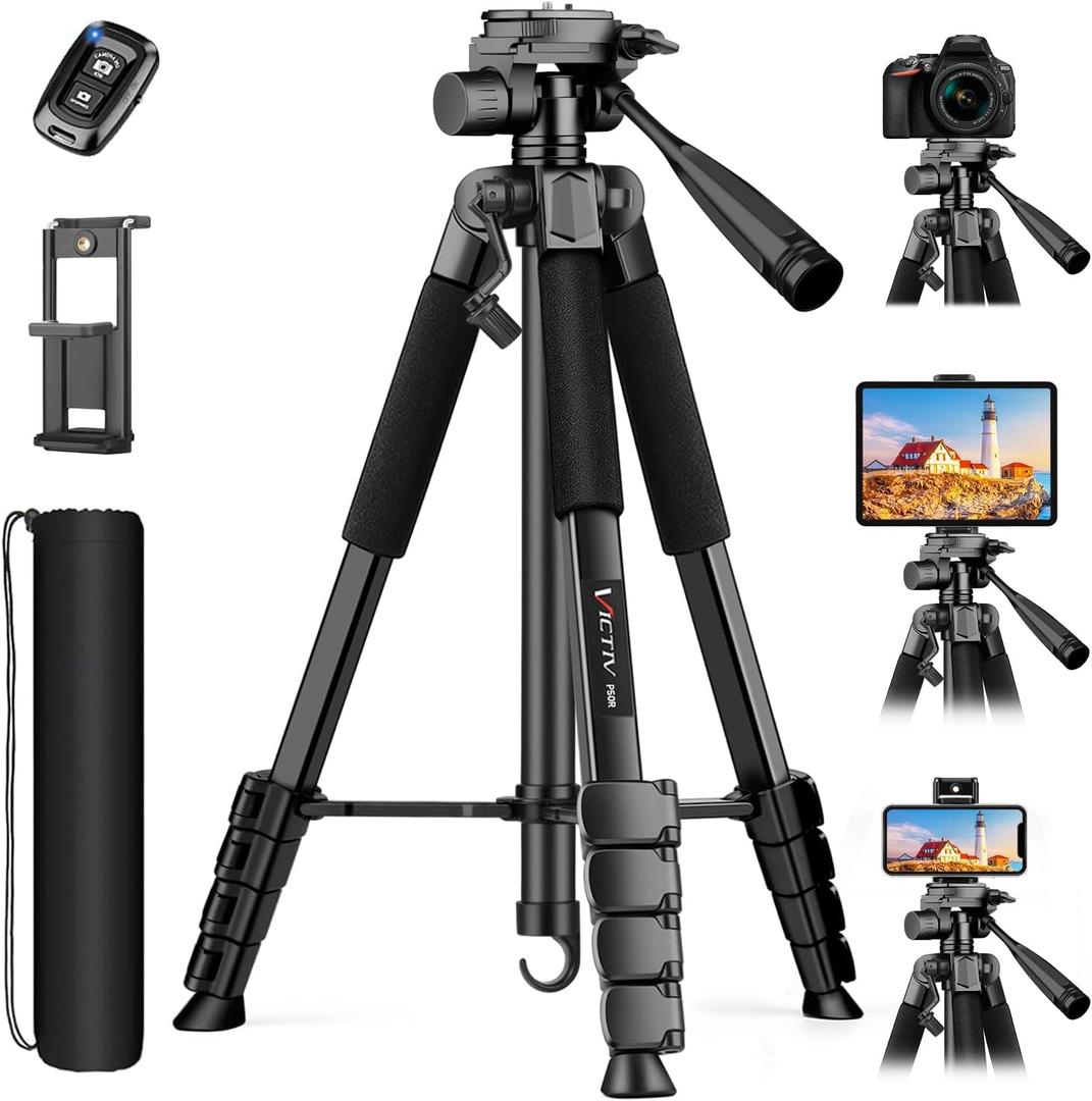 Camera Tripod Stand, 68" Phone Tripod for Tablet with Remote and Holder, Lightweight and Compact Travel Tripod for Canon Sony Camera, Compatible with DSLR, iPhone, iPad (Black)