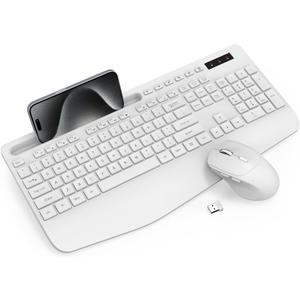 Wireless Keyboard and Mouse Combo - Full-Sized Ergonomic Keyboard with Wrist Rest, Phone Holder, Sleep Mode, Silent 2.4GHz Cordless Keyboard Mouse Set for PC, Laptop - Trueque (Pure White, 1 Pack)
