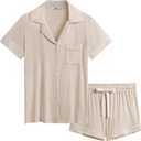 Cherrydew Women Cooling Breathable Pajama Bamboo Viscose Soft Sleepwear Short Sleeve Button Down Sleep Shorts Set Hot flashes (Large, Cream)