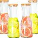 Glass Carafe Pitchers with Lids, Set of 4 1 Liter Embossed Designed Beverage Pitcher Carafe Set for Mimosa Bar, Juice Container for Brunch, Cold Water, Juice -With 4 Wooden Chalkboard Tags