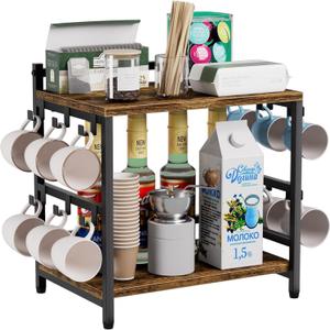 Aquzee Large Coffee Bar Counter Top Shelf with Cup Holder, Cofe Tea Station Organizer Shelves Stand for Countertop with 12 Hooks for Mug, 2 Tier Kitchen Bar Decorations for Home 11"D x 15.8"W x 16.1"H