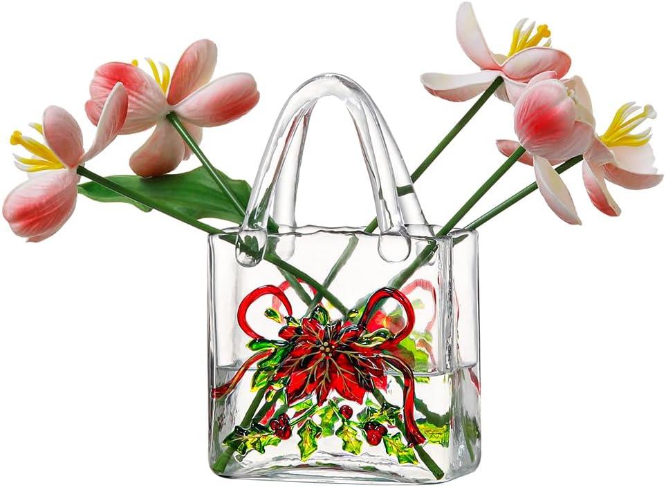 Hand-Painted Glass Handbag Vase, 9 Inch Floral Embossed Purse Vase with Thick Glass Walls, Decorative Flower Vase for Living Room, Table Centerpiece, Home Decor Gift (White Red Flowers)