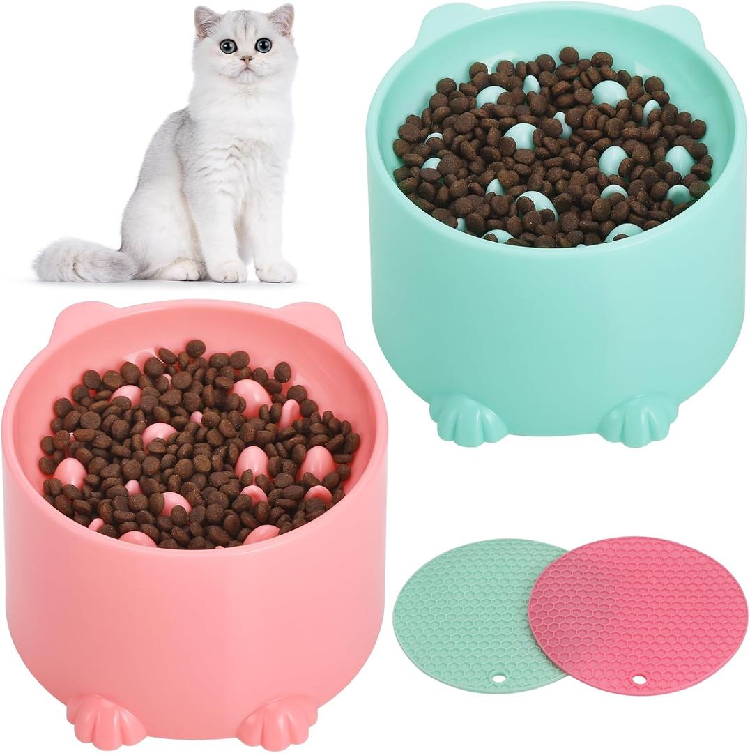2 Pcs Raised Slow Feeder Cat Bowl, Plastic Elevated Cat Slow Feeder Bowl with Anti-Skid Mat, Raised Slow Cat Feeder for Dry and Wet Food (GreenPink)