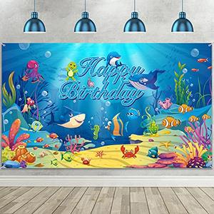 Under The Sea Birthday Banner Ocean Animal Party Decorations Birthday Photo Backdrop Background Dolphin Shark Underwater Decorations Supplies for Kids Birthday Party Baby Shower, 72.8 x 43.3 Inches