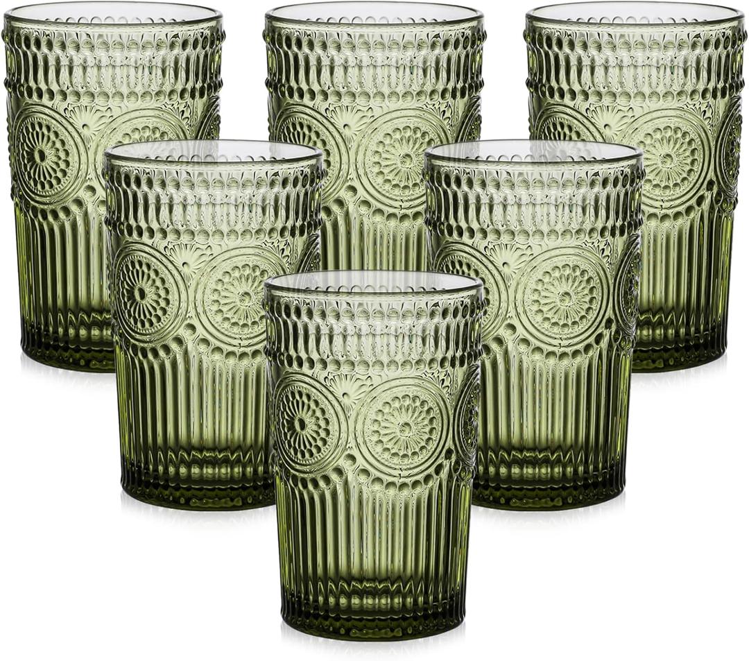 Vintage Glassware Drinking Glasses Set of 6,13 oz Green Textured Flower Design Glass Water TumblersEmbossed Striped Drinkware for Water, Cocktails, Juice, Iced Coffee