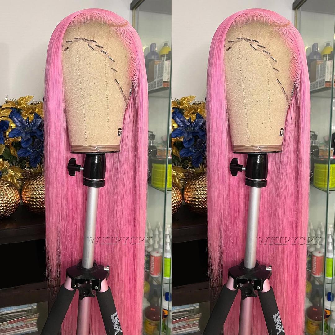 WKIPYCPK Pink Lace Front Wigs Colored Long Straight Hair Pastel Pink Wig Heat Resistant Free Part Lace Wig Natural Hair High Density Synthetic Lace Front Wigs for Fashion Women