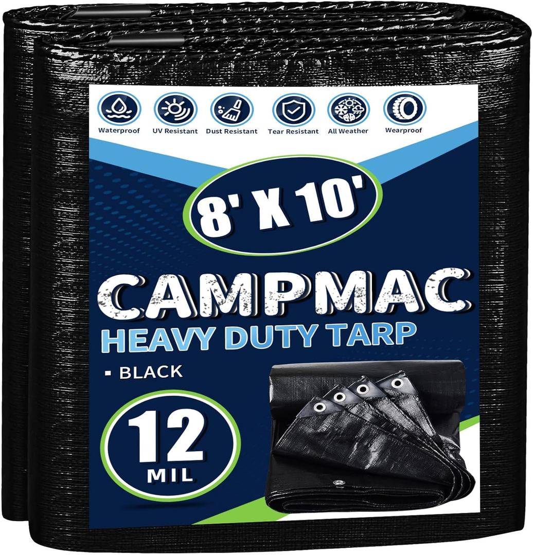 Black Tarps Heavy Duty Waterproof 8x10, 12 Mil Thick, High Durability, Rip and Tear Resistant with Metal Grommets Every 20 Inches