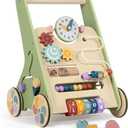Wooden Baby Walker with Wheels, Push Walker for Baby Boy 6-12 Months, Baby Activity Center Sit to Stand Walker Small Size