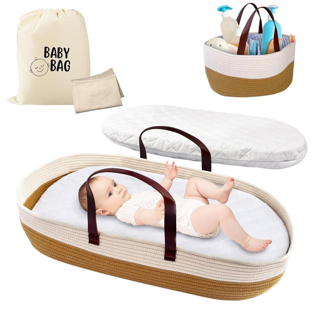 Set of 2 Pieces Changing Basket 76x40x19 cm / 30x16x7 inches, 2 Baby Bibs Included Changing Station for Baby Dresser, Pillow Included Diaper Changing Basket, Camel Beish Changing Station