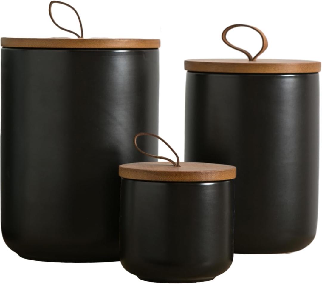 Canister Sets for Kitchen, Black Ceramic Kitchen Canisters for Countertop with Airtight Wood Lids, Large Flour and Sugar Containers for Coffee, Tea, Spice (Set of 3)