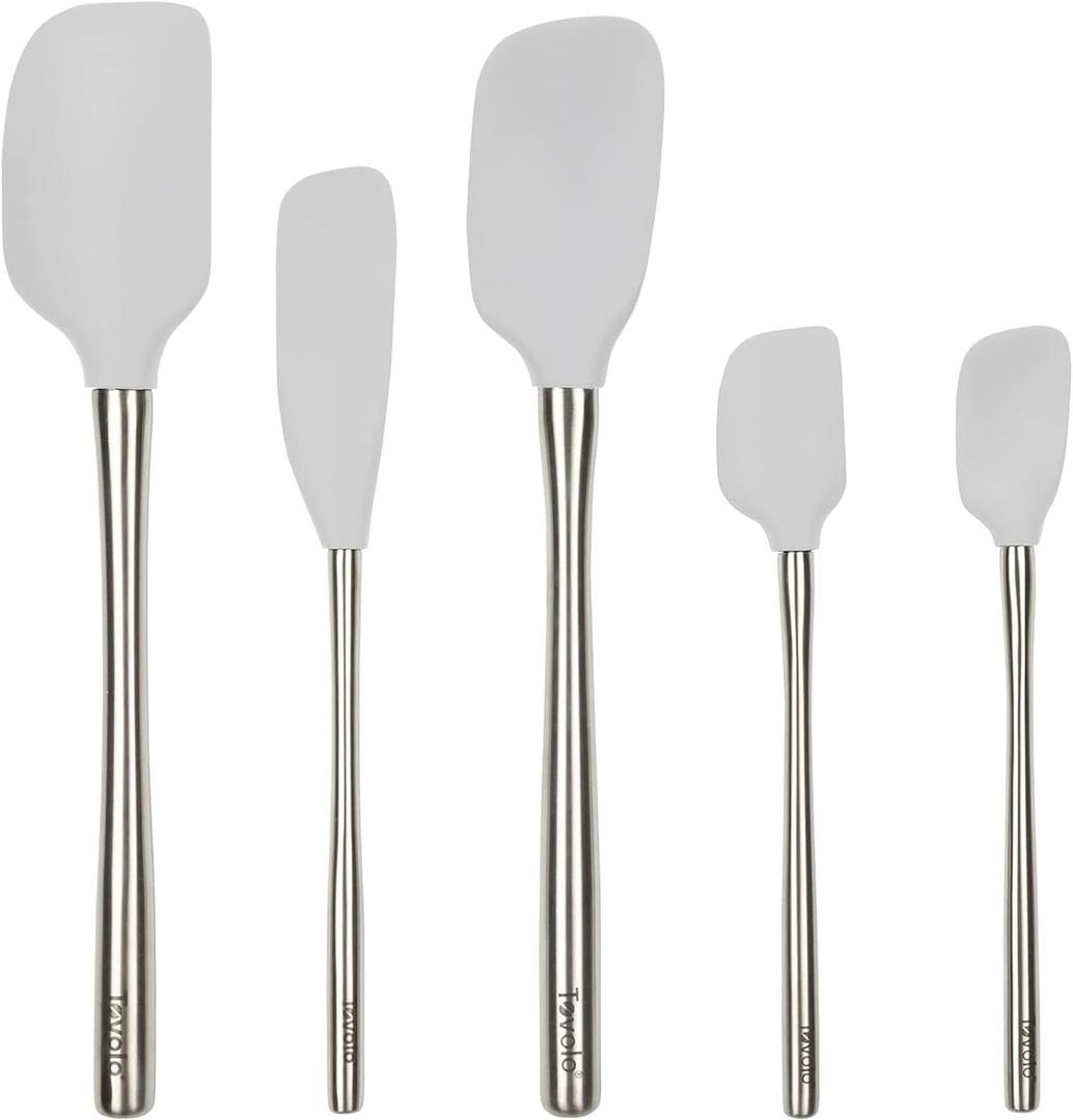 Tovolo Stainless Steel Handled Silicone Spatula Set of 5 Oyster Gray, Dishwasher Safe Kitchen Spatula Set for Cooking Baking, Non Toxic BPA Free Silicone Spatula set with Metal Steel Handle
