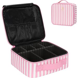 Relavel Travel Makeup Train Case, Cosmetic Case Makeup Organizer, Professional Artist Storage Bag with Adjustable Dividers for Cosmetics Brushes, Birthday Gifts for Girls and Women, Pink Stripe