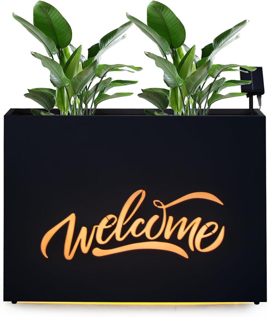 Metal LED Planter Box Rectangular Block - Galvanized Steel Long Planters Box with Solar Light Outdoor All-Weather Use with Drainage Holes for Cafe Bar Mall Store Patio/Porch/Entrance, 35.52412IN