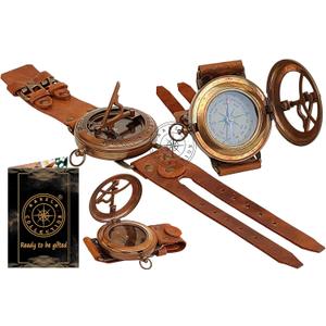 Steampunk Antique Brass Sundial Compass Handmade Leather Band Wrist Compass and Nautical Sundial Watch