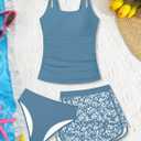 Girls Tankini Swimsuit 3 Piece Bathing Suits for Girl Square Collar Tankinis Set Girls' Swimwear with Print Shorts Gray Blue, 15-16 Years