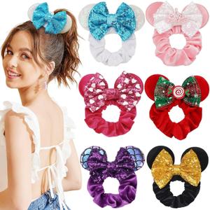 6 Pack Mouse Ears Scrunchies Velvet Sparkle Sequin Bows Hair Scrunchies Hair Ties Elastic Rubber Bands Christmas Ponytail Holders for Kids Women Girls Adult Christmas Party Decoration (Style4)