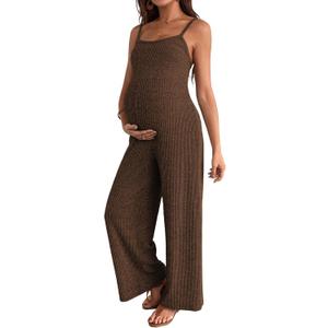 BLENCOT Maternity Ribbed Jumpsuit Sleeveless Square Neck Wide Leg Stretchy One Piece Romper (Brown, S)