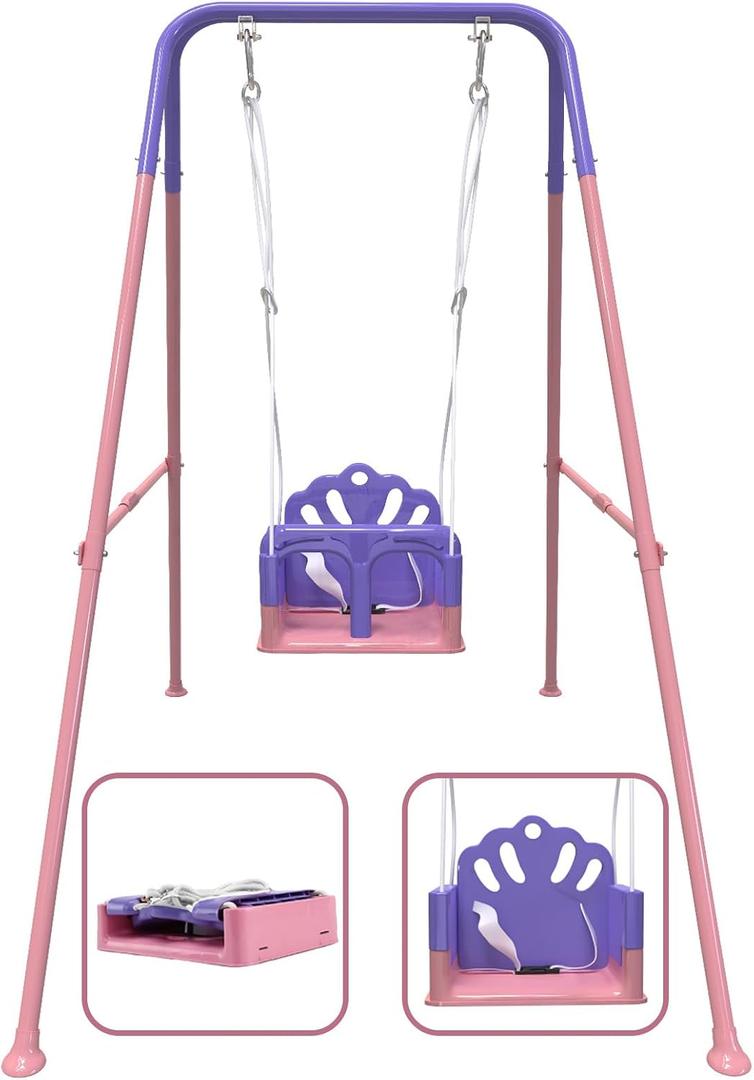 Foldable Toddler Swing Set, Indoor & Outdoor Baby Swing Set for Backyard, Safe and Durable Design, Grow with Your Child (Pink)