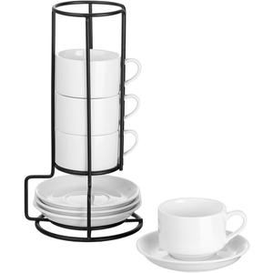 YOLIFE 2.5oz Espresso Cups Set of 4, Porcelain Stackable Espresso Cups with Saucers and Metal Stand, Expresso Shots Cup -White