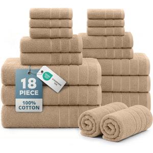Casa Platino 18 Pcs 100% Cotton Towel Set - Soft, Absorbent & Perfect Family Set - 6 Bath, 6 Washcloths, 6 Hand Towels for Bathroom - Ideal for Home, Spa & Gym - Quality You Can Trust - Beige