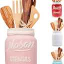 Pink Mason Jar Kitchen Utensil Holder for Kitchen Counter - Rustic Ceramic Utensil Crock for Spoons, Spatulas & Cooking Tools - Farmhouse Decor for Countertop - Unique Vintage Container and Organizer 
