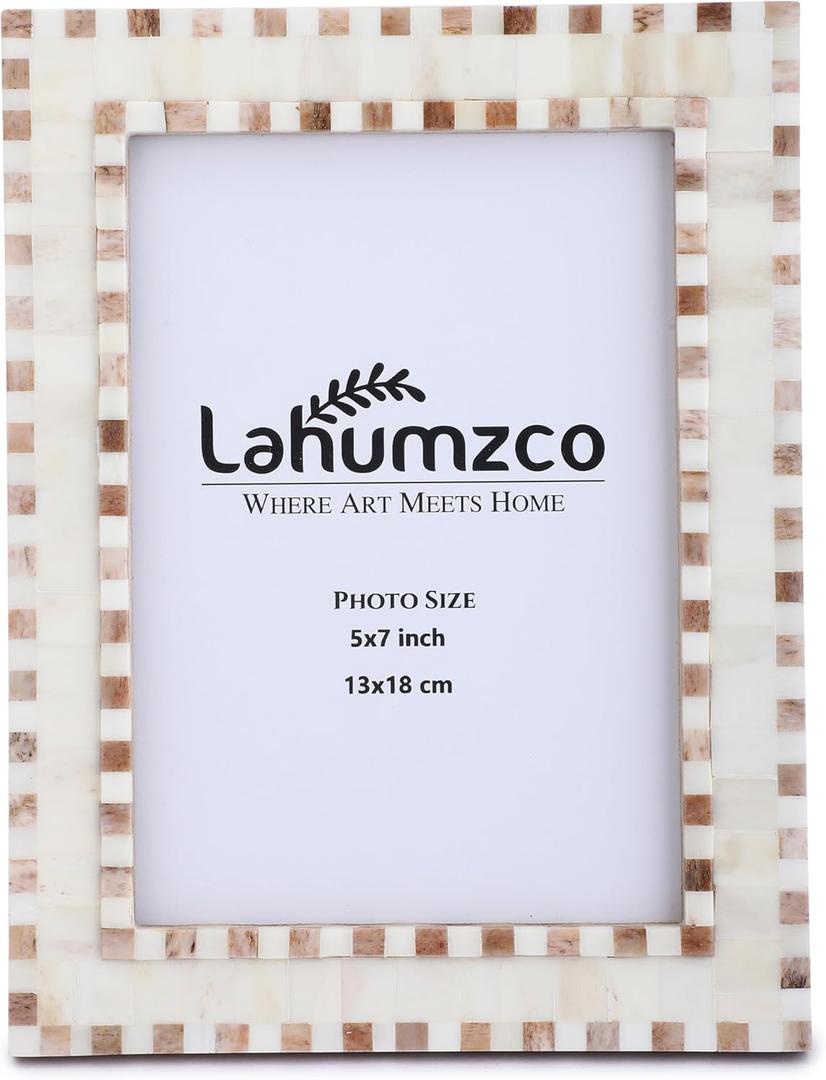 Lahumzco Bone Picture Photo Frame Checkered Pattern Beading Art Inspired Vintage Table-Top/Wall Décor Handmade Frames (5x7 Inches, Brown, White)