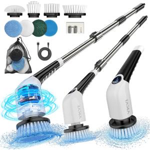 YKYI Electric Spin Scrubber,Cordless Cleaning Brush,Shower Cleaning Brush with 8 Replaceable Brush Heads,Power Scrubber 3 Adjustable Speeds,Adjustable & Detachable Long Handle,Voice Broadcast (White)