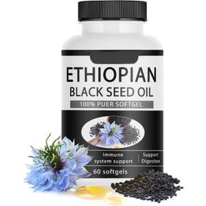Ethiopian Black Seed Oil Capsules 4.64% Thymoquinone Purely Nutrient Organic Cold Pressed Black Cumin Seed Oil Softgels, Non-GMO, Gluten-Free, 60 Softgels