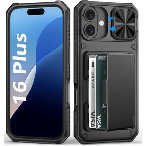 BXYJY for iPhone 16 Plus Case Wallet, Built-in Card Holder (4-5 Cards), Slide Camera Cover, Military Drop & RFID Protection, Rugged Heavy Duty Men Women Protective Phone Case for iPhone 16 Plus, Black