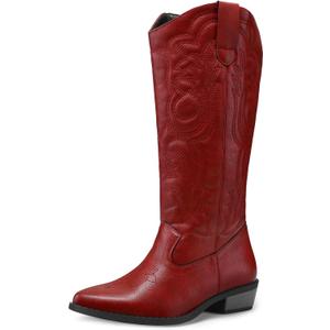 mysoft Women's Cowboy Boots Mid Calf Cowgirl Embroidered Western Pointed Toe Chunky Heel Pull On Knee High Boots (8)