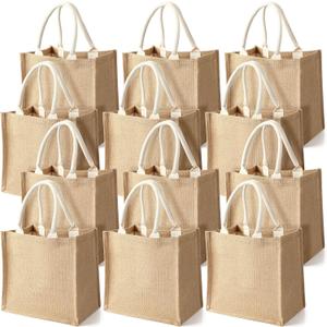 Saintrygo 12 Pcs Burlap Jute Tote Bags with Handle Reusable Blank Bridesmaid Gift Bags for Shopping Wedding DIY, 12x12x7.7In (Jute and White)