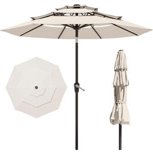 PatioKingdom 9ft 3-Tier Patio Market Umbrella with Crank/Tilt, Commercial Heavy Duty Wind Proof,Outdoor Table Umbrella with 8 Fiberglass Ribs,UPF50+ for Deck,Pool,Garden,Backyard (Creamy-white)