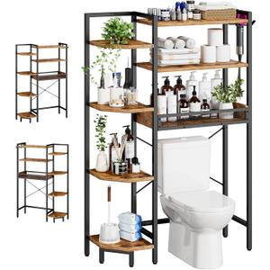K1 Heavy Duty 7-Tier Over The Toilet StorageWith Basket and Paper HookFreestanding Above Toilet Shelf with Adjustable FeetSpace Saver Bathroom Shelves 9.3"D x 33.5"W x 63.8"HRustic Brown