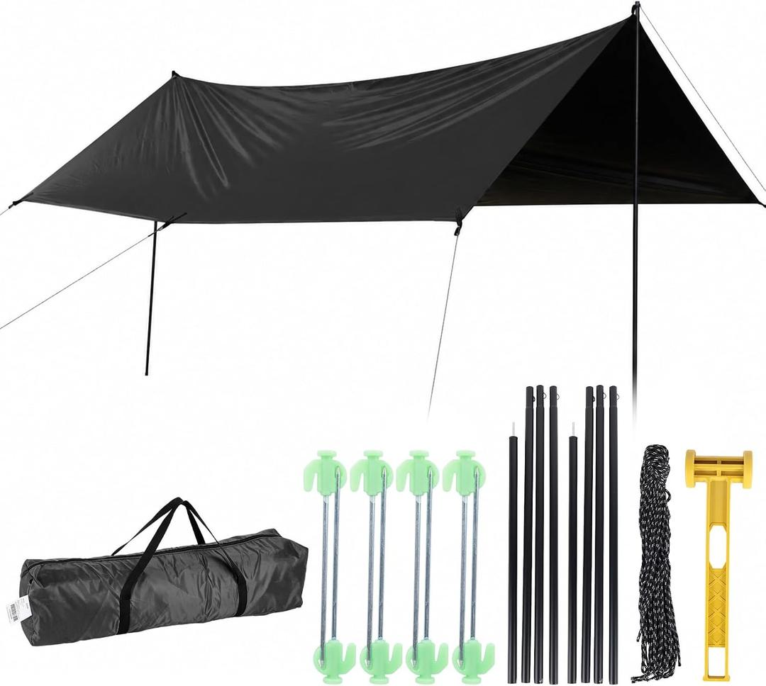 Waterproof Camping Tarp Hammock Rain Fly -14.79.8ft with 2 Poles, Mutifunctional Tent UV Protection Lightweight Tarp, for Camping, Outdoor, Traveling, Hiking (Quadrilateral, Black), 3x4.5m