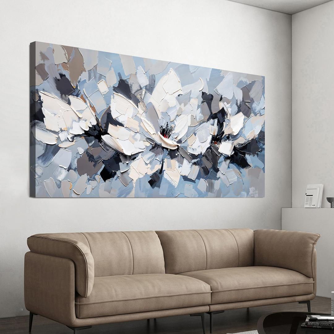 Abstract Canvas Wall Art Decor Large White Wall Art for Living Room Abstract Canvas Art Wall Decor Flower Pictures Oversized Blue Wall Art Prints Artwork for Walls Bedroom Office Decor 29" X58"
