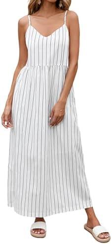 YEXPINE Spaghetti Strap Maxi Dress for Women Sleeveless V Neck Summer Flowy Cami Dress Beach Long Dresses with Pockets M