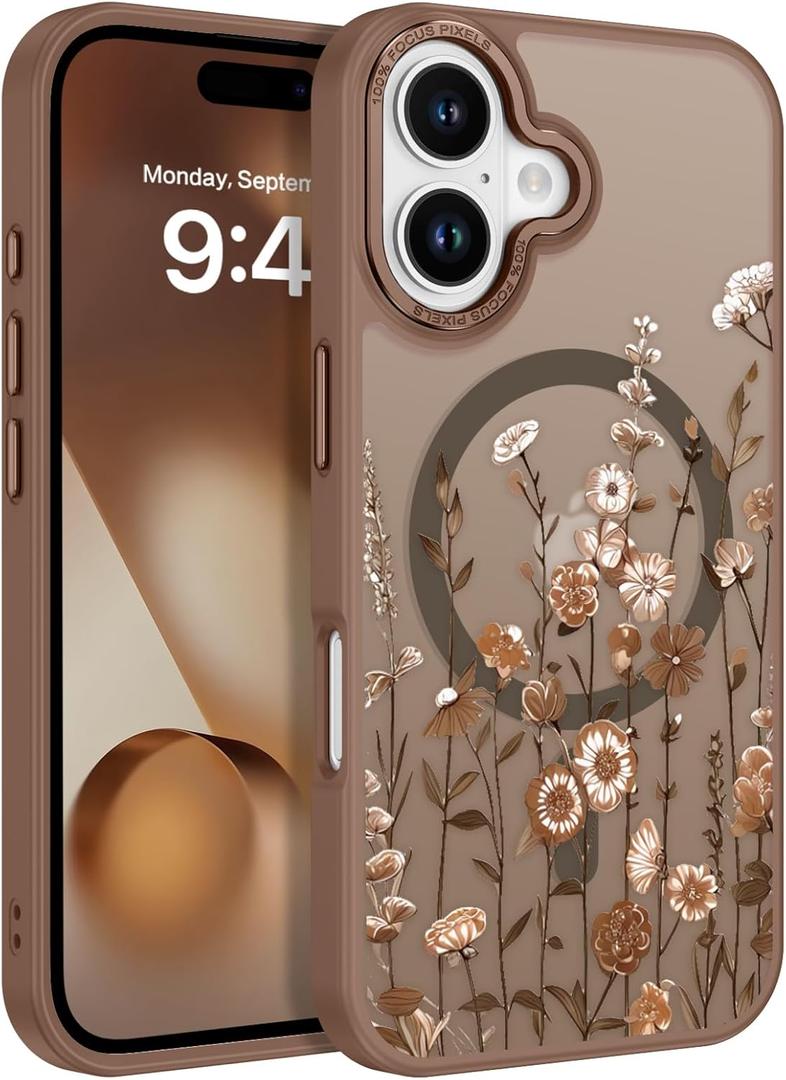 DOMAVER for iPhone 17 Case, Magnetic Phone Case for iPhone 17 [Compatible with MagSafe] Slim Fit Flowers Floral Design Shockproof Protective Bumper Women Men Girls Boys Cover- Brown