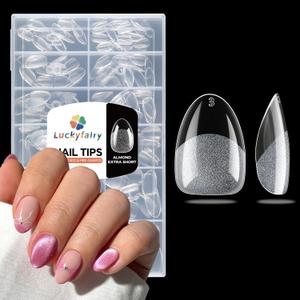 Luckyfairy Extra Short Almond Nail Tips, 240pcs Soft Gel Pre-Shaped Acrylic Fake Nails, Half Matte Full Cover Clear Gelly Press on Flase Nail Tips for Extension Nail Manicure Home DIY 12 Sizes