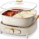 Dezin Hot Electric Shabu Shabu Pot, 5.5L Double-Flavor, Removable Non-Stick Dual Sided Cooker, 3" Depth Divided Pot with Multi-Power Control, 2 Silicone Ladles (Beige)