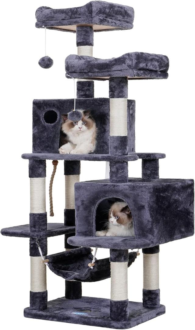 Hey-brother Multi-Level Cat Tree Condo Furniture with Sisal-Covered Scratching Posts, 2 Plush Condos, Perch Hammock for Kittens, Cats and Pets, Smoky Gray MPJ020-SG (57 Inches)