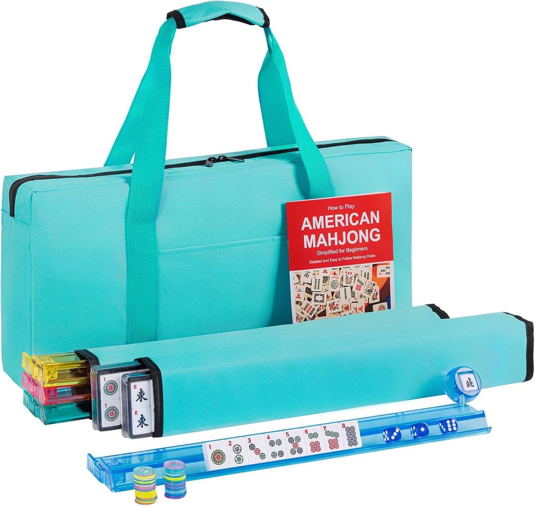 American Mahjong Tile Set, 166 White Tiles, 4 All-in-One Colors Rack/Pushers, Complete Travel Mahjong Set with Light Green Carrying Bag